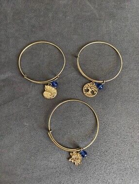 Gold Tone Adjustable Wire Bangle Bracelet Blue Beads Shell Tree Lotus Set